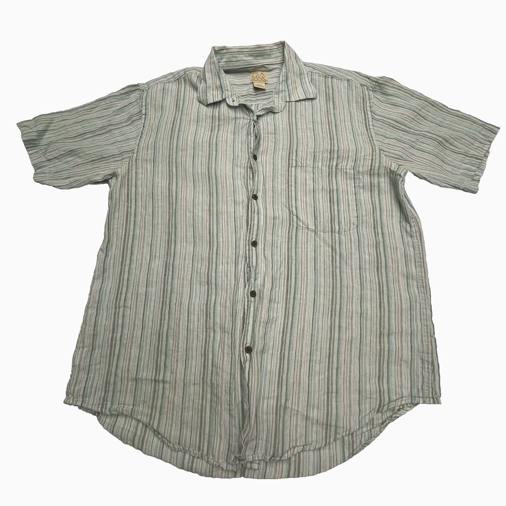 Jos A. Bank Shirt Striped 100% Linen Button Front Short Sleeve Men's Size L